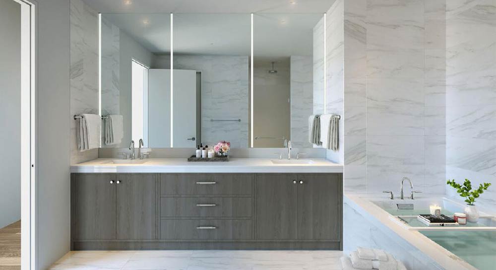 Bristol Cabinetry Classy Gray Bathroom with White Countertops and Gray Cabinets with steel hardware